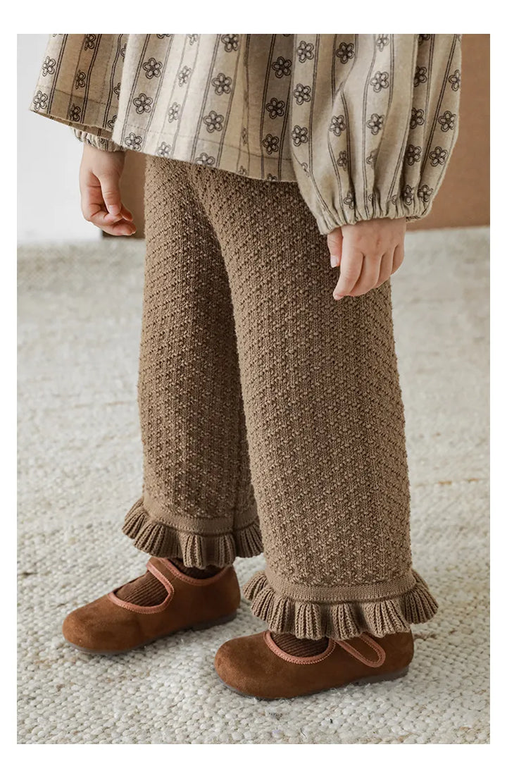 100% Cotton Wide Leg Knit Pants with Frill Trim