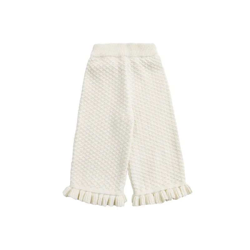 100% Cotton Wide Leg Knit Pants with Frill Trim